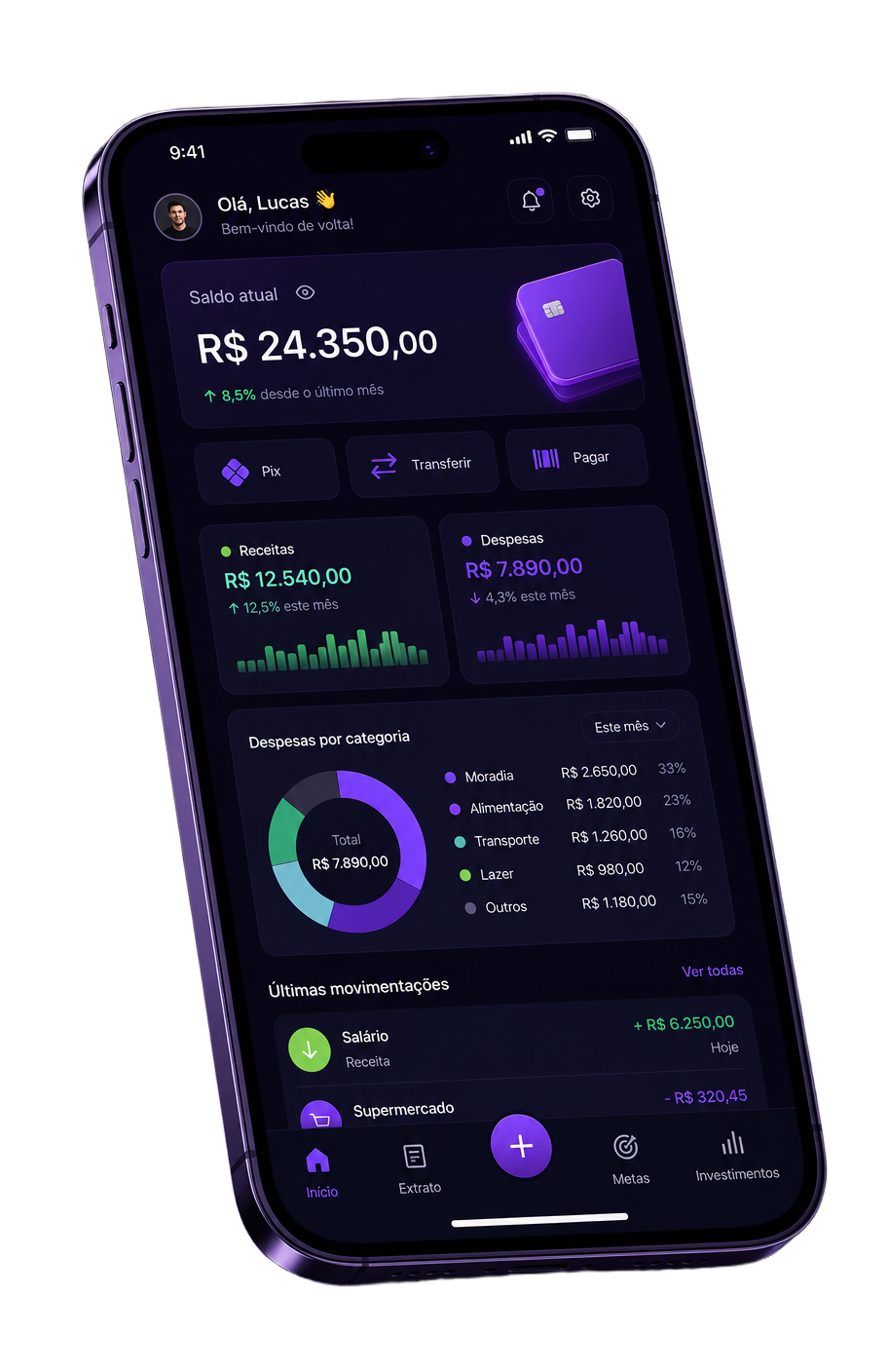 Tela principal do aplicativo Finance IA mostrando saldo, receitas, despesas e gastos por categoria